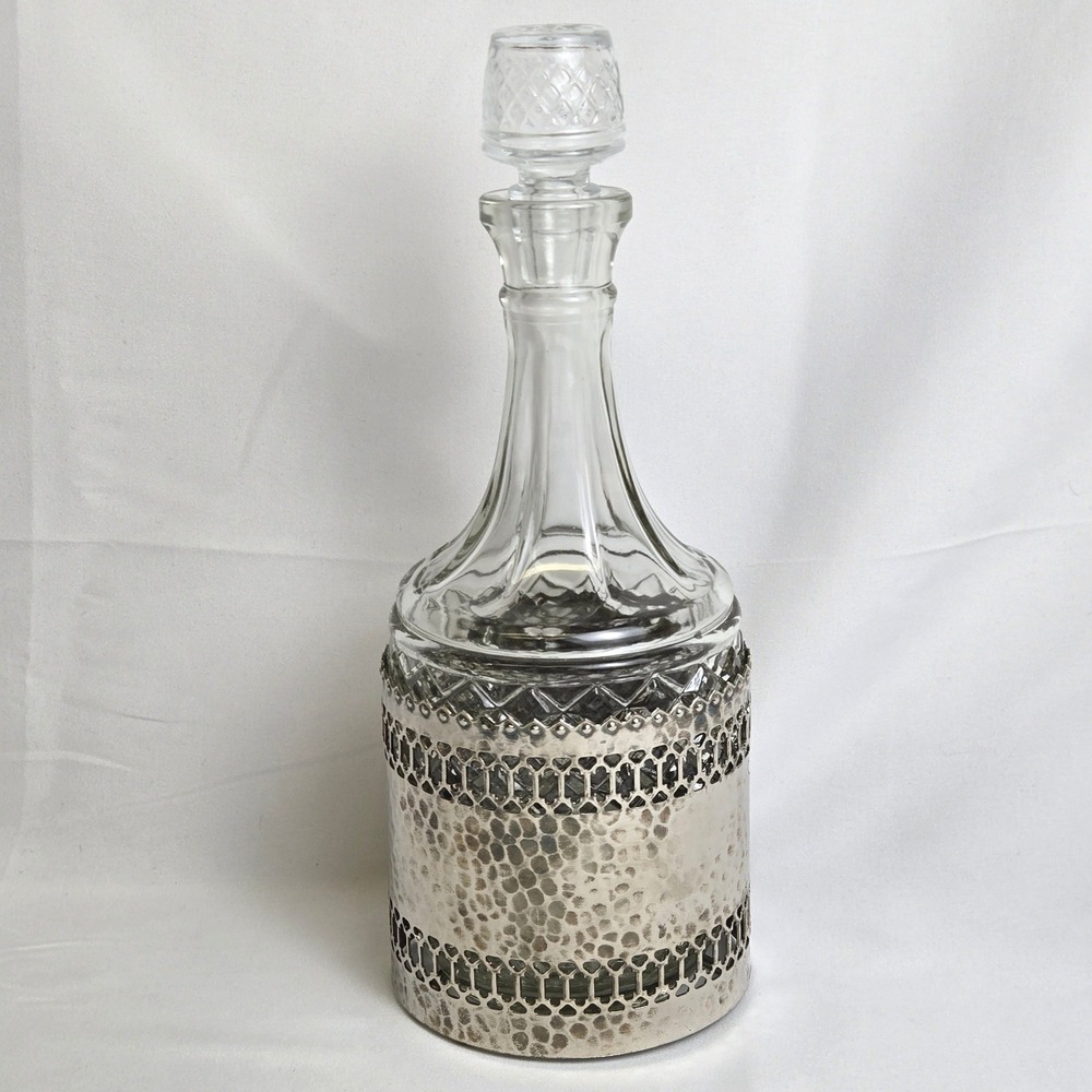 Glass Liquor Decanter, Decorative Silver Tone Hammered Metal Caddy 11" Vintage